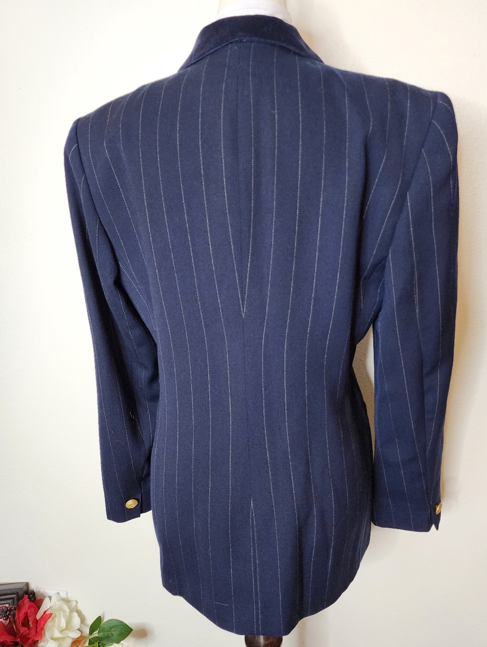 Jones New York Blazer Dsrk Blue Pinstripe Tailored Tuxedo Military Jacket Office - Picture 5 of 16